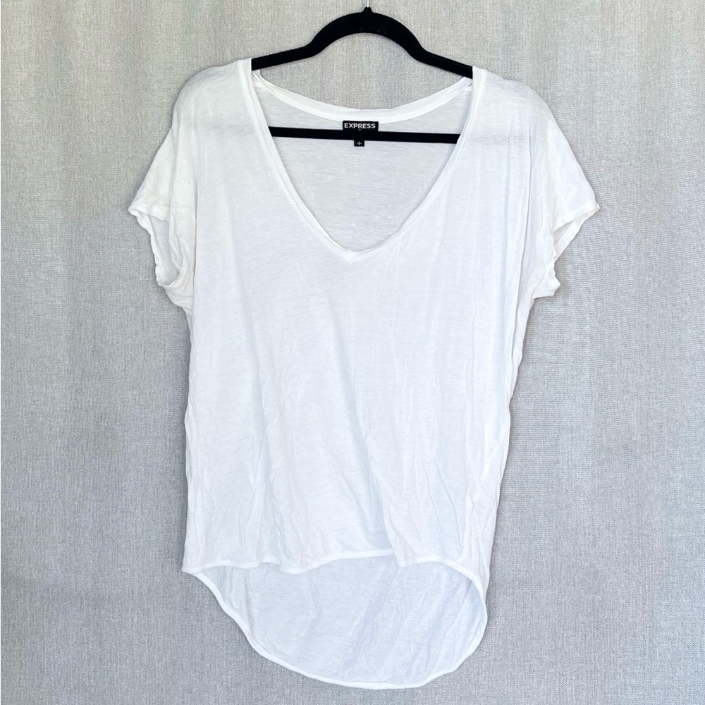Express Classic White Slouchy Oversized Short Sleeve V-Neck Top Size S
